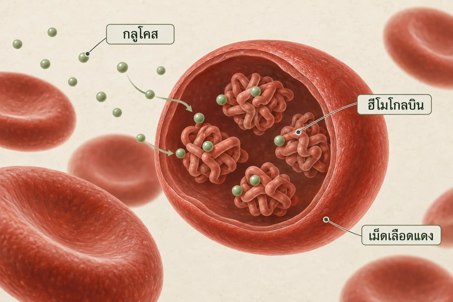 แผนภาพกลูโคสจับฮีโมโกลบินในเม็ดเลือดแดง