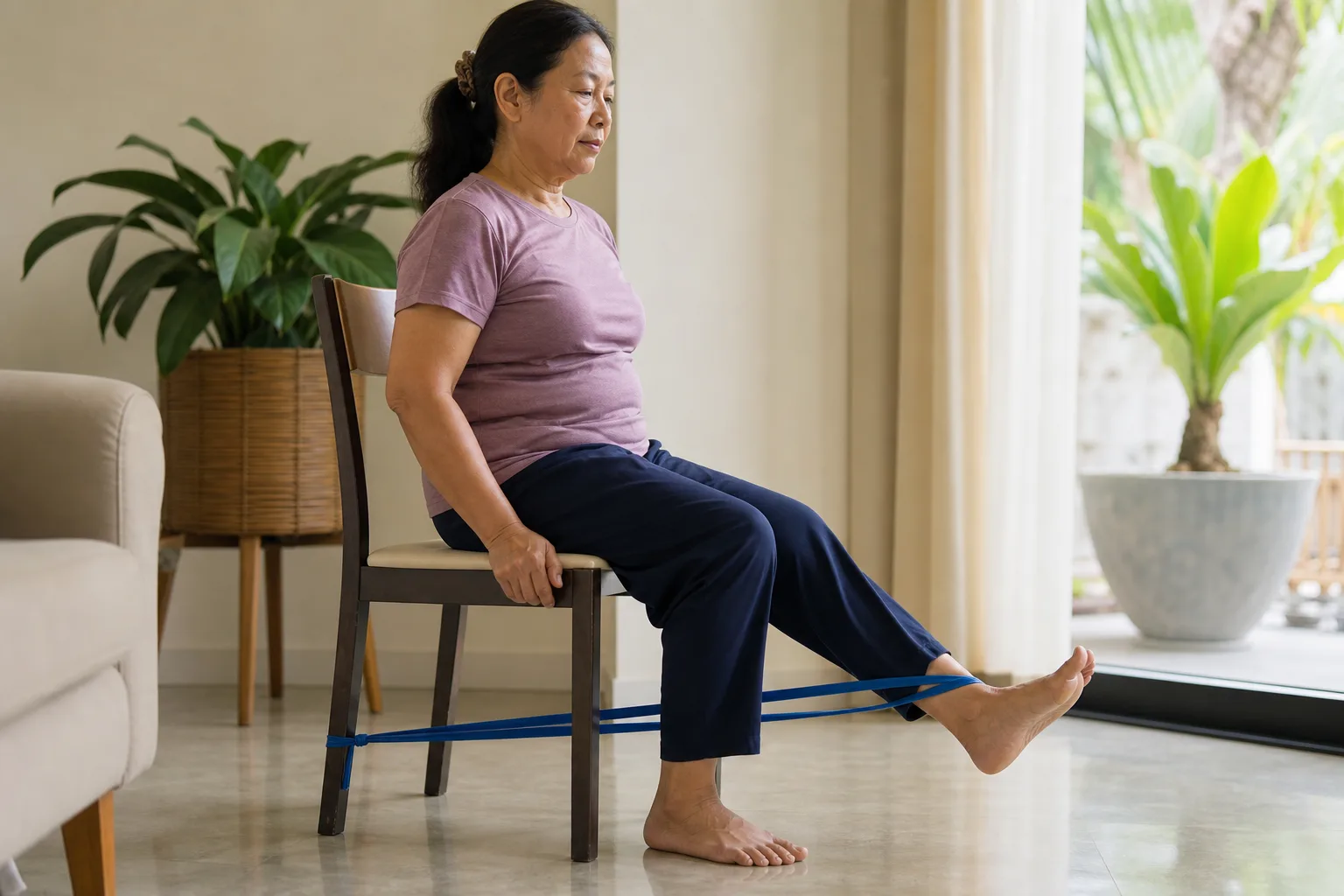 ผู้สูงอายุฝึกเหยียดเข่าด้วยยางยืดอย่างปลอดภัย