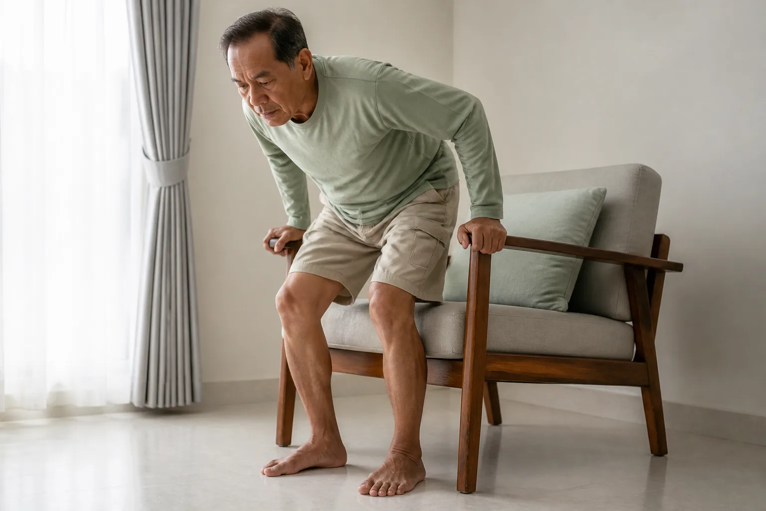 ผู้สูงอายุลุกจากเก้าอี้อย่างปลอดภัยเพื่อสังเกตการใช้เข่า