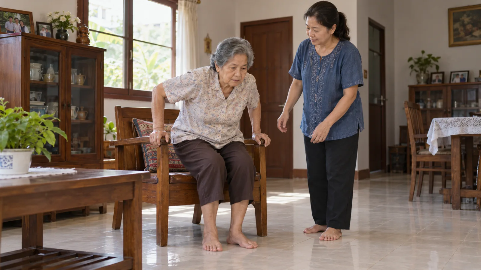 ผู้สูงอายุปวดเข่าตอนลุกจากเก้าอี้: ปรับความสูงและฝึกอย่างไรให้ปลอดภัย
