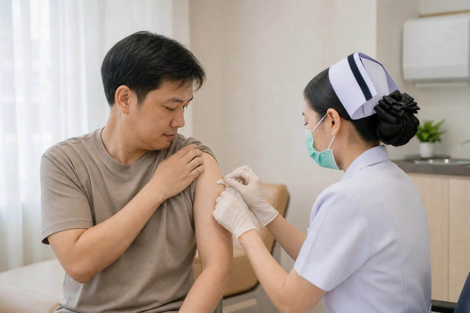 พยาบาลฉีดวัคซีนไข้หวัดใหญ่บริเวณต้นแขนอย่างเหมาะสม