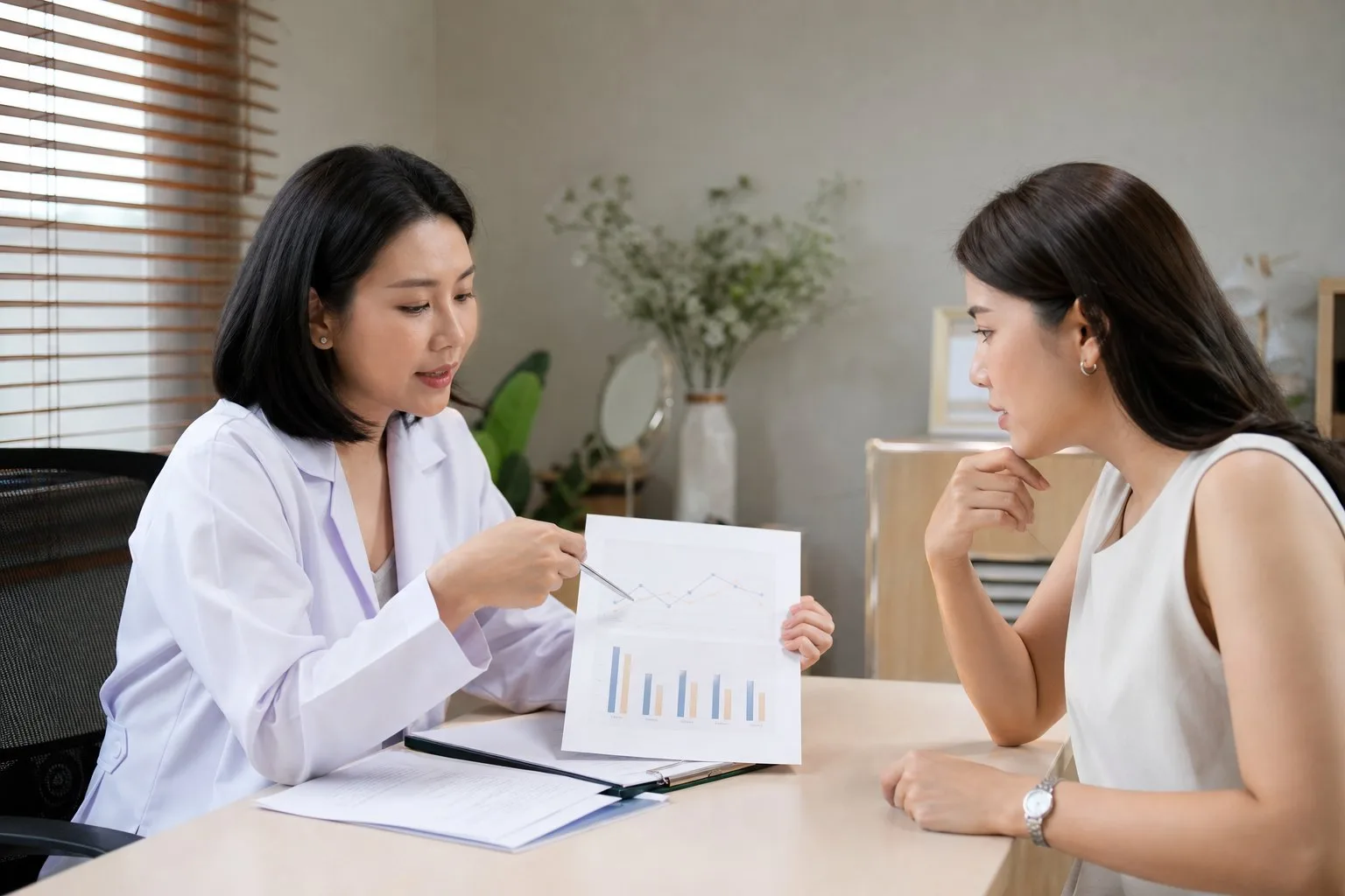 แพทย์อธิบายผลตรวจทางห้องปฏิบัติการก่อนวางแผนฮอร์โมน