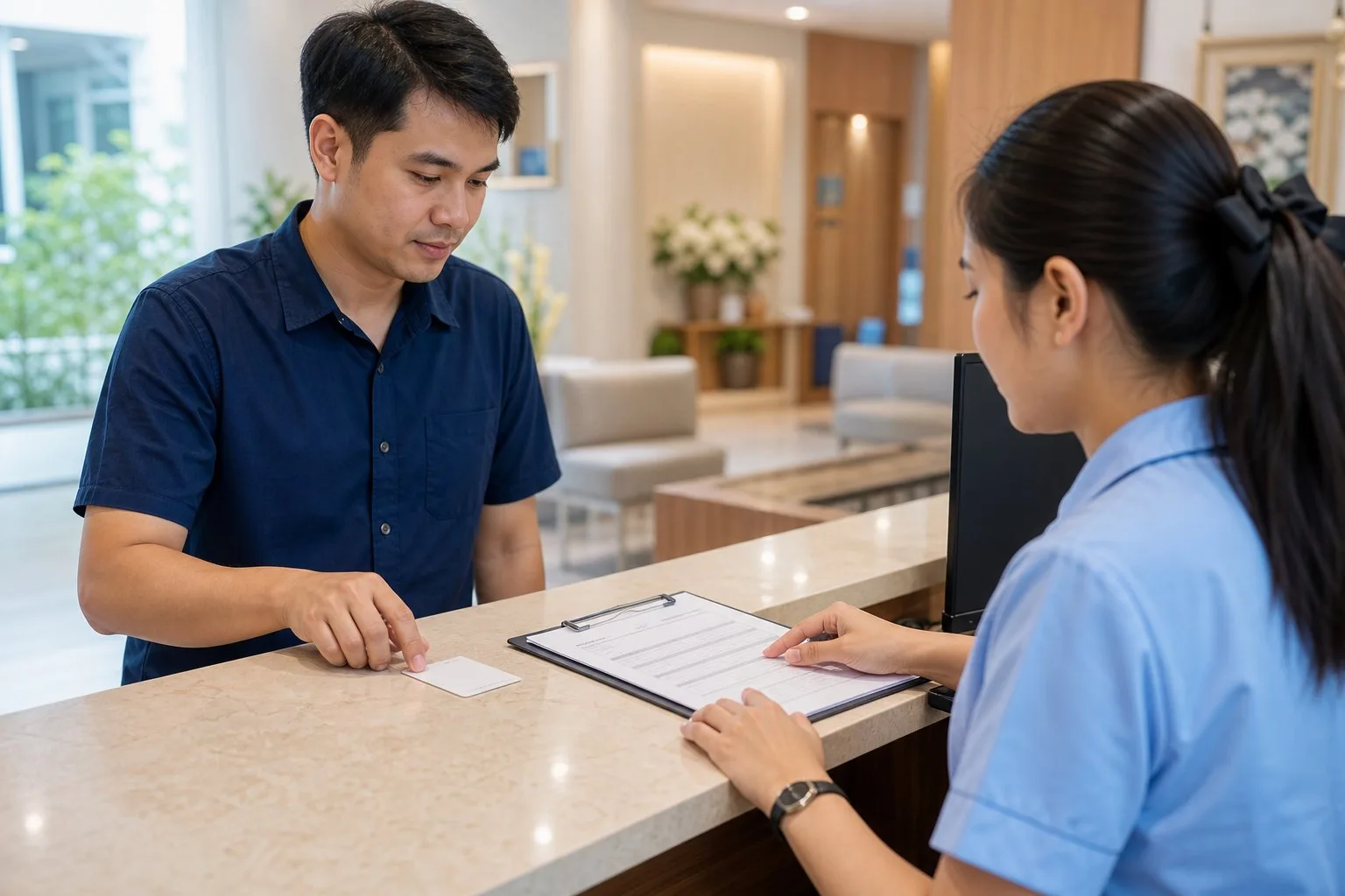 ผู้รับบริการแสดงบัตรประจำตัวและแบบฟอร์มที่ต้องการใช้